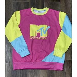 MTV Sweater Pullover Size Medium Bright Pink Yellow Blue